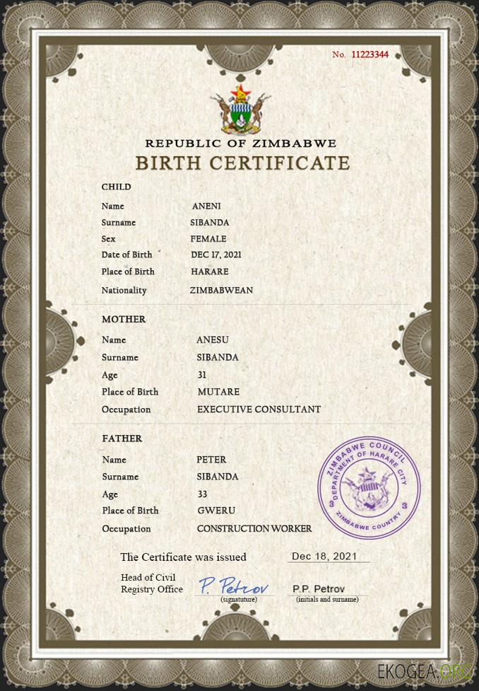 Modèle PSD de certificat de naissance de l'état civil du Zimbabwe